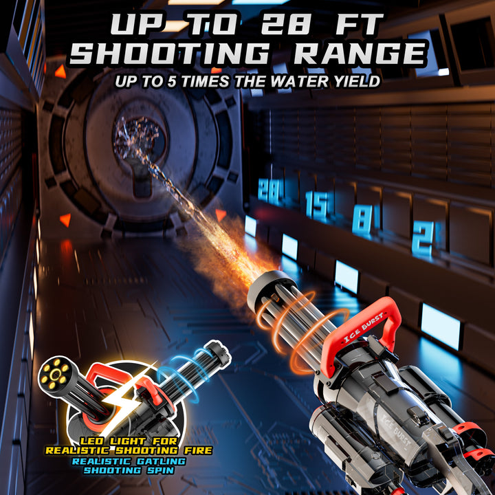 Elektrisch Gatling waterpistool voor kinderen en volwassenen, kleurrijk en robuust, ideaal voor spannende watergevechten.