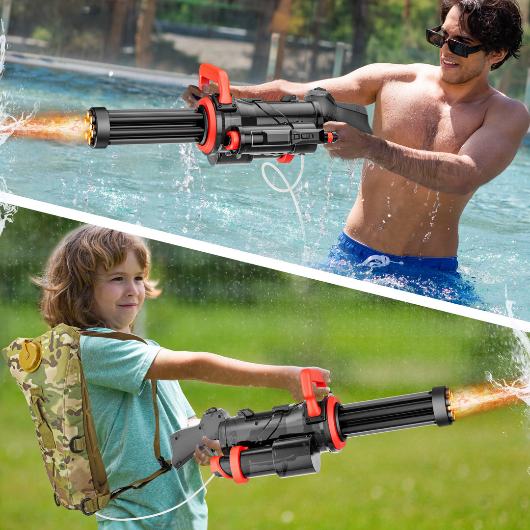 Elektrisch Gatling waterpistool voor kinderen en volwassenen, kleurrijk en robuust, ideaal voor spannende watergevechten.