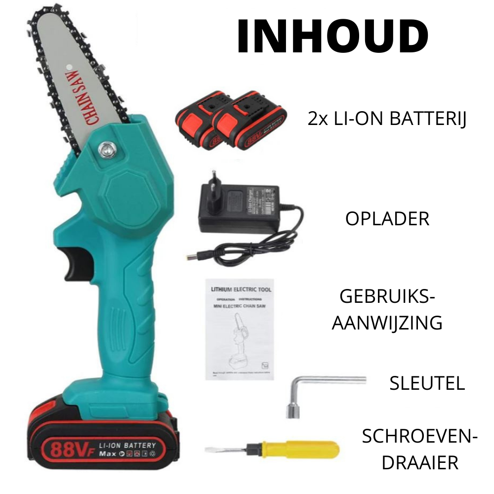 Accu kettingzaag in actie, snel en draadloos snoeien van bomen en struiken in de tuin.