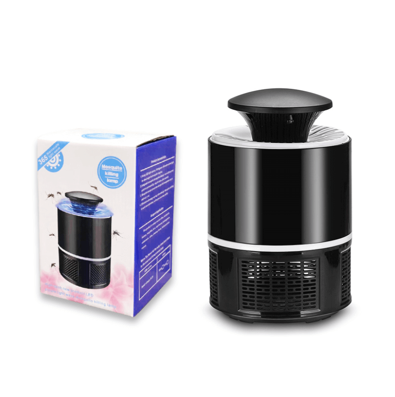 "Elektrische muggendoder lamp, krachtig design, USB oplaadbaar, stil, elegant zwart, geschikt voor binnen en buiten."