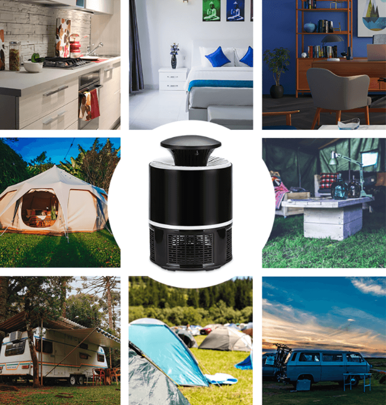 "Elektrische muggendoder lamp, krachtig design, USB oplaadbaar, stil, elegant zwart, geschikt voor binnen en buiten."