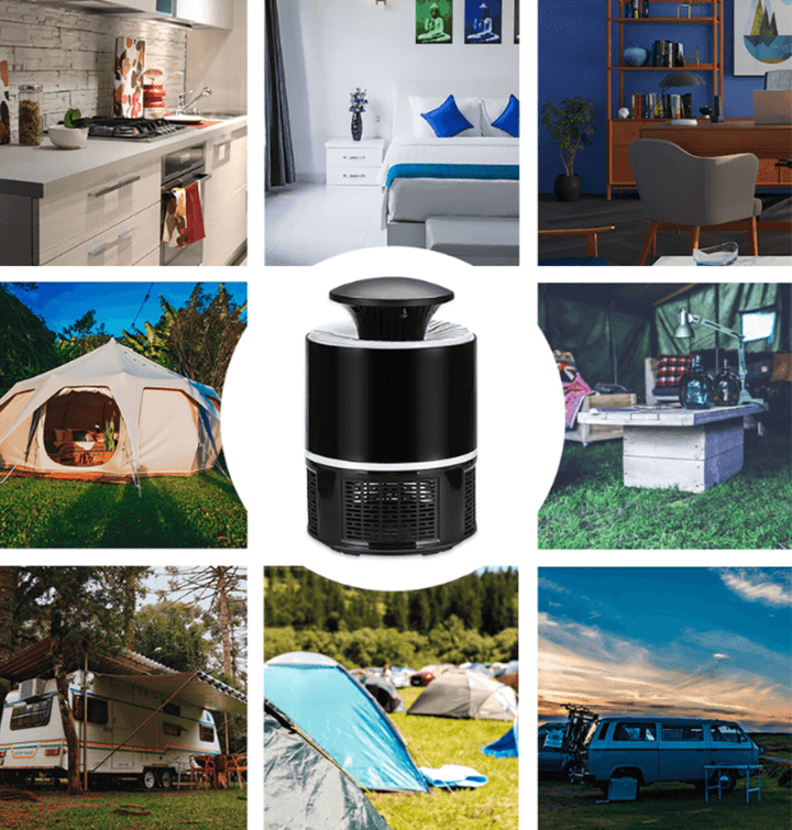 "Elektrische muggendoder lamp, krachtig design, USB oplaadbaar, stil, elegant zwart, geschikt voor binnen en buiten."