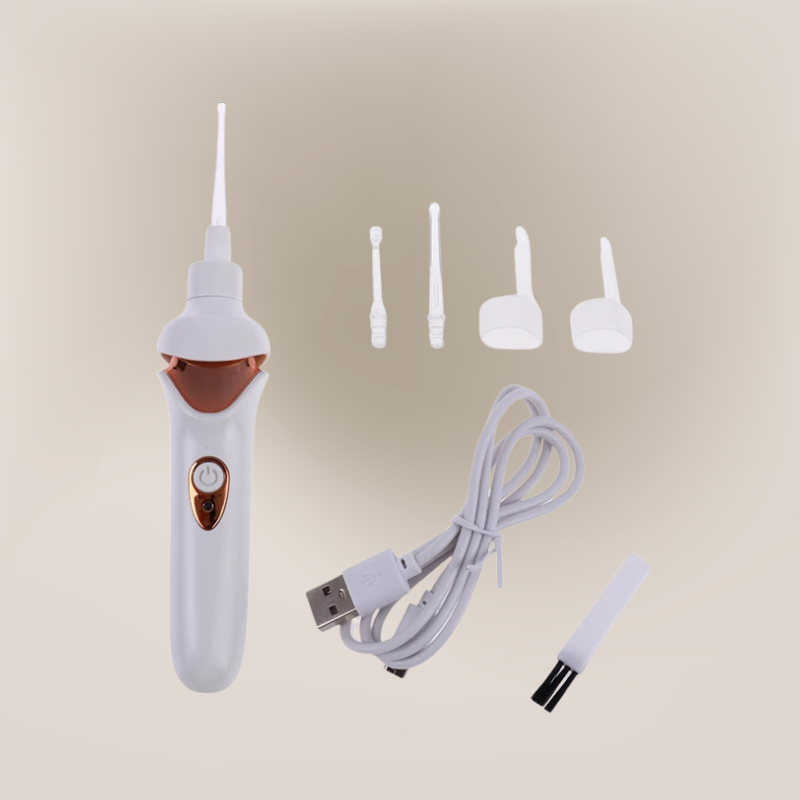 "Elektrische oorreiniger, USB-oplaadbaar, met zachte siliconen opzetstukken voor pijnloze oorhygiëne, compact en draadloos."