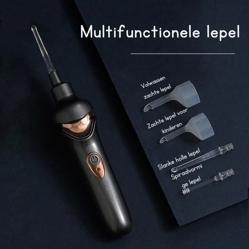 "Elektrische oorreiniger, USB-oplaadbaar, met zachte siliconen opzetstukken voor pijnloze oorhygiëne, compact en draadloos."