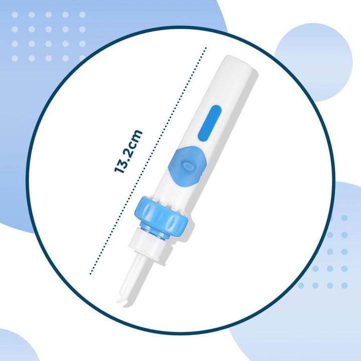 Elektrische oorreiniger: wit met blauwe toets, compact ontwerp, voor effectieve en veilige oorreiniging thuis en op reis.
