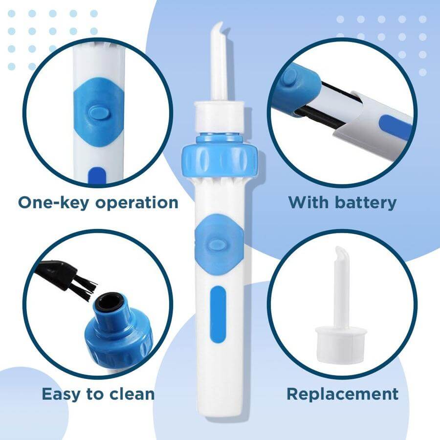 Elektrische oorreiniger: wit met blauwe toets, compact ontwerp, voor effectieve en veilige oorreiniging thuis en op reis.