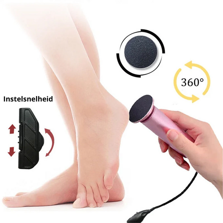 Detail van elektrische voetvijl met ergonomisch ontwerp, perfect voor pedicure en voetverzorging.