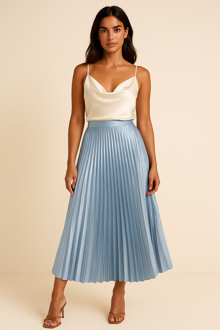 "Elva satijnen plissérok, hoge taille, glanzende stof, elegante uitstraling in meerdere kleuren"