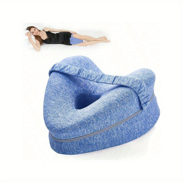 Ergonomisch Memory Foam Kniekussen, blauw, voor zijslapers; biedt pijnverlichting en ondersteunt lichaamshouding.