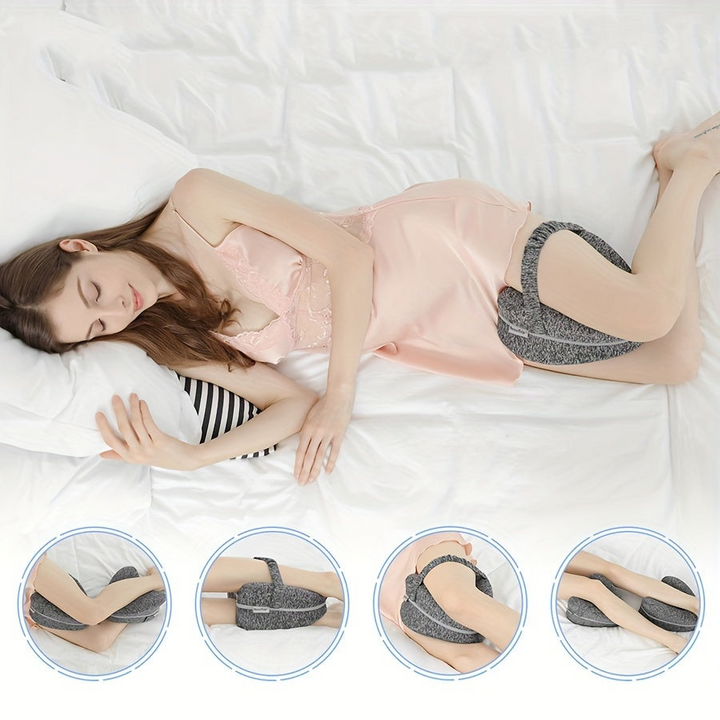 Ergonomisch Memory Foam Kniekussen, blauw, voor zijslapers; biedt pijnverlichting en ondersteunt lichaamshouding.