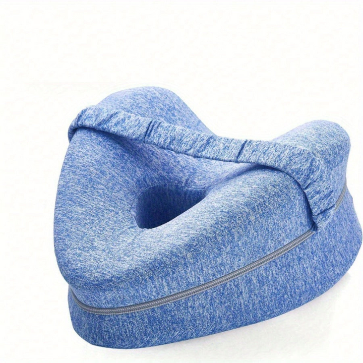 Ergonomisch Memory Foam Kniekussen, blauw, voor zijslapers; biedt pijnverlichting en ondersteunt lichaamshouding.