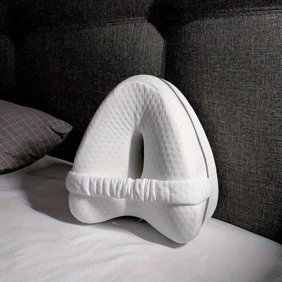 Ergonomisch Memory Foam Kniekussen, blauw, voor zijslapers; biedt pijnverlichting en ondersteunt lichaamshouding.