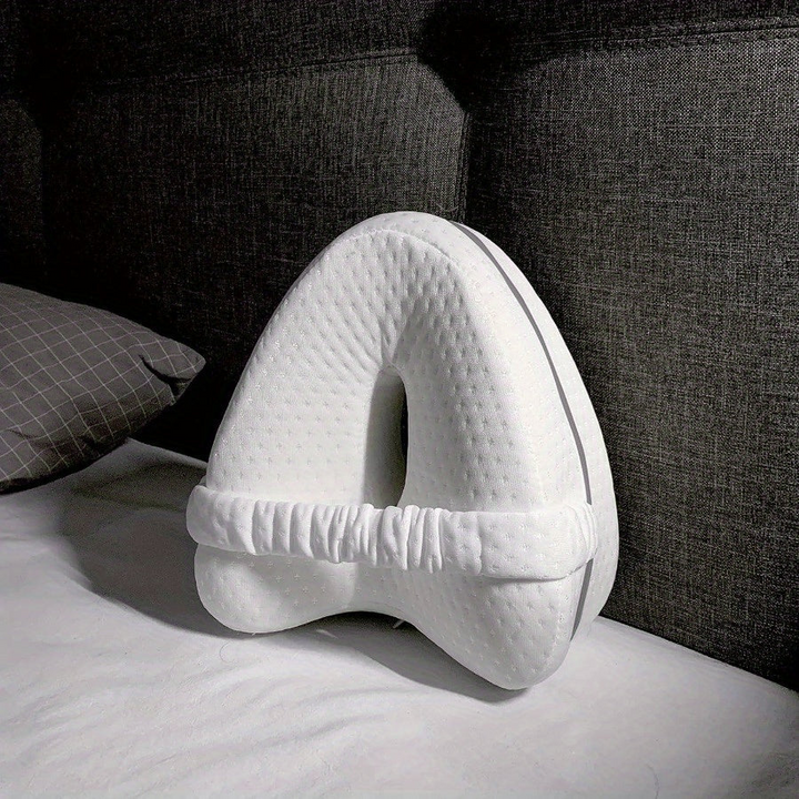 Ergonomisch Memory Foam Kniekussen, blauw, voor zijslapers; biedt pijnverlichting en ondersteunt lichaamshouding.