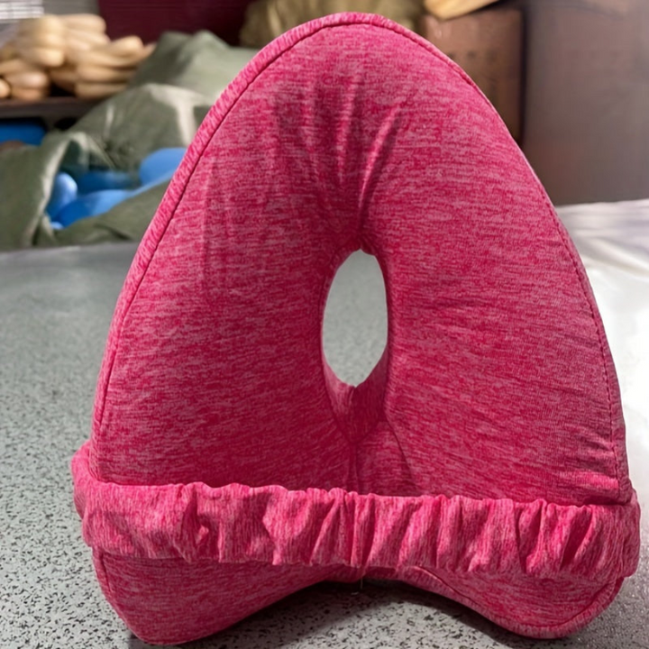 Ergonomisch Memory Foam Kniekussen, blauw, voor zijslapers; biedt pijnverlichting en ondersteunt lichaamshouding.