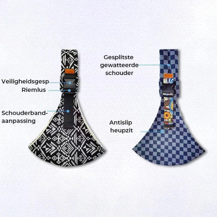 "Ergonomische baby draagzak in zwart met aanpasbare banden, ademend materiaal voor comfortabel dragen van je kind."