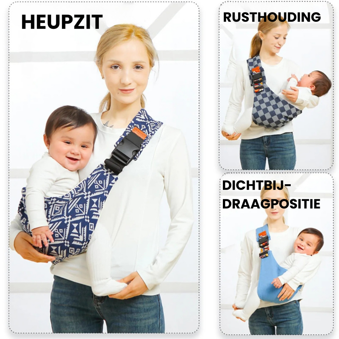 "Ergonomische baby draagzak in zwart met aanpasbare banden, ademend materiaal voor comfortabel dragen van je kind."