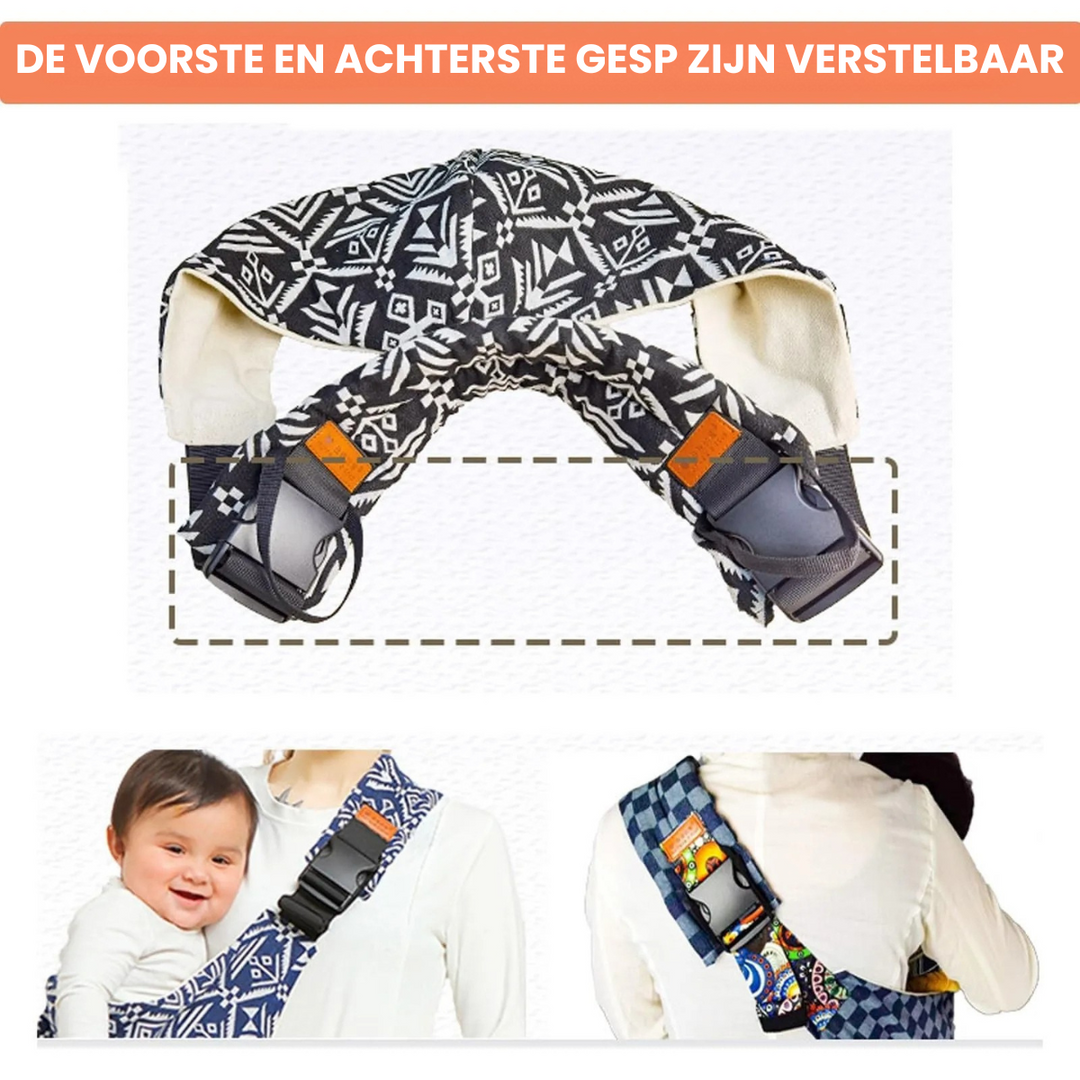 "Ergonomische baby draagzak in zwart met aanpasbare banden, ademend materiaal voor comfortabel dragen van je kind."