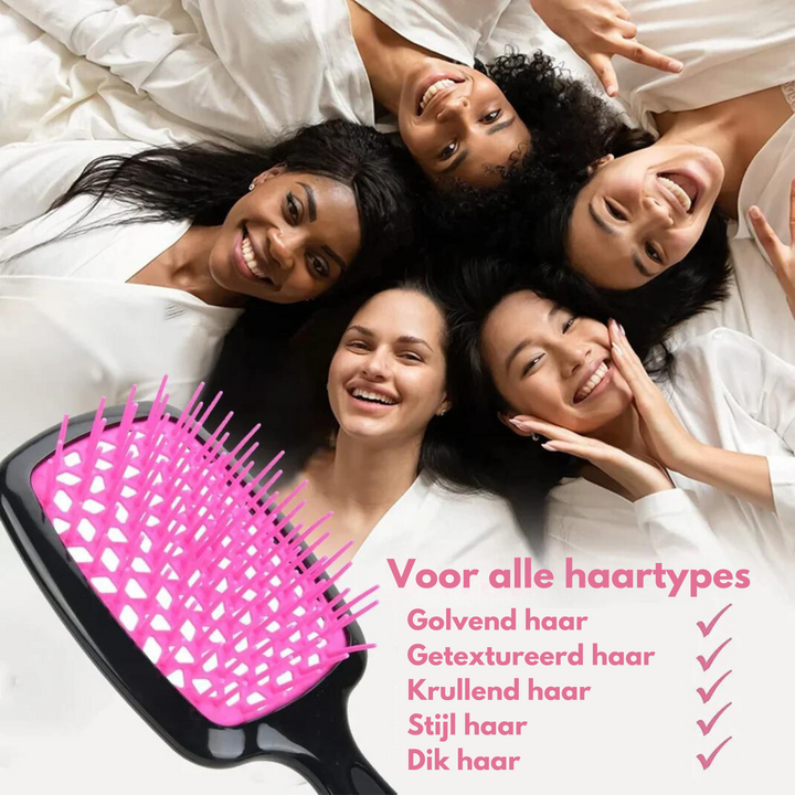 "Ergonomische ontwarring borstel met luchtkussen, bevordert snelle droging en pijnloze knoopverwijdering voor alle haartypes.