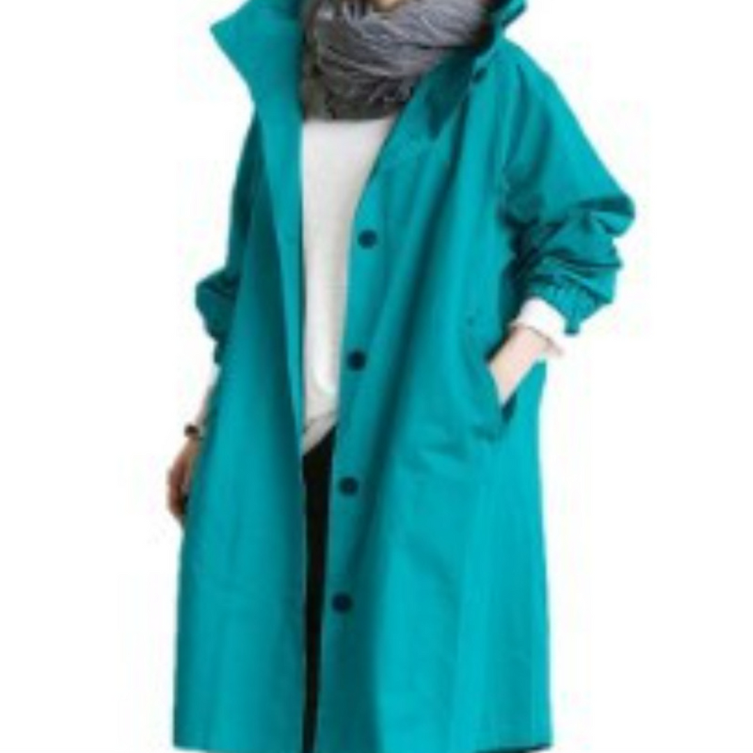 "Esmée lange dames trenchcoat zwart, elegant, wind- en waterdicht met capuchon en verstelbare taille voor perfecte pasvorm."