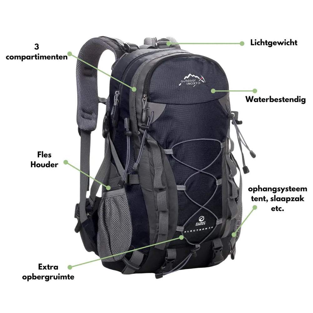 Lichtblauwe ExplorerMax outdoor rugzak voor trekking, wandelen en kamperen. Unisex reisrugzak voor avontuur.