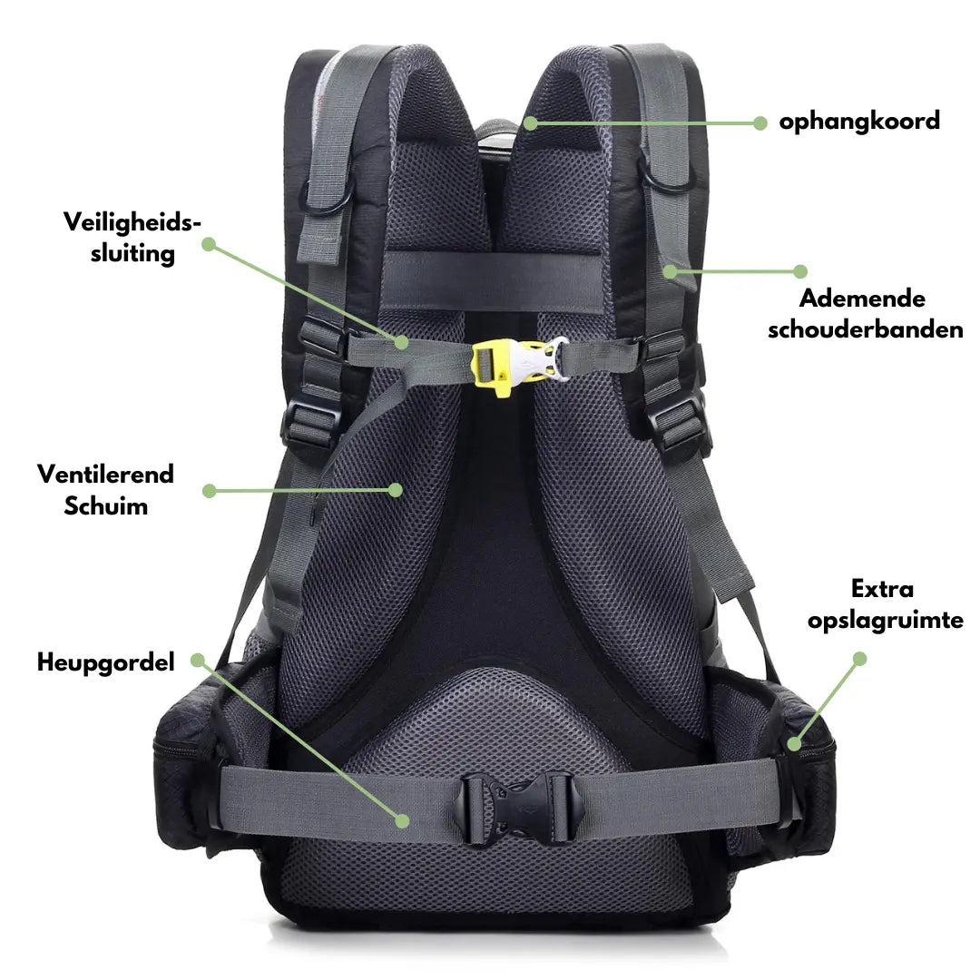 Groene ExplorerMax wandelrugzak, ideaal voor avontuurlijke outdoor reizen & kamperen. Unisex trekking rugzak.