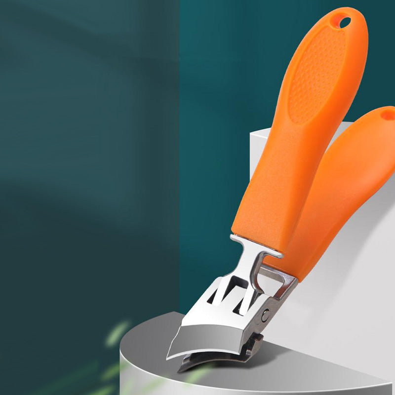 "Extra brede heavy-duty nagelknipper in zwart-oranje, ergonomische greep, voor dikke nagels; precisie en duurzaamheid."