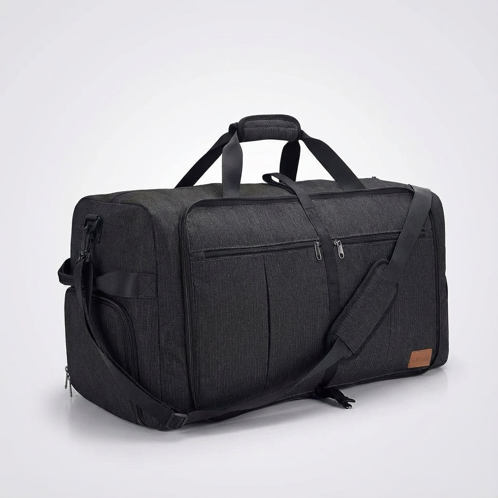 Detail van de waterafstotende stof en stevige ritsen van de FlexiHaul opvouwbare sporttas, duurzaam reisaccessoire.