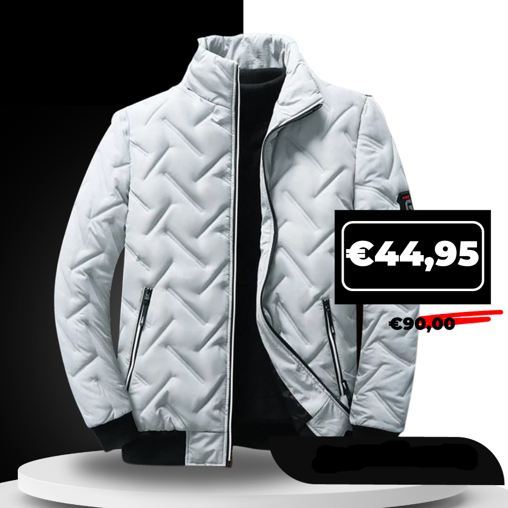"Fabio gewatteerd herenjack, modieus en veelzijdig, ideaal voor casual looks in groen, wit/grijs en zwart."