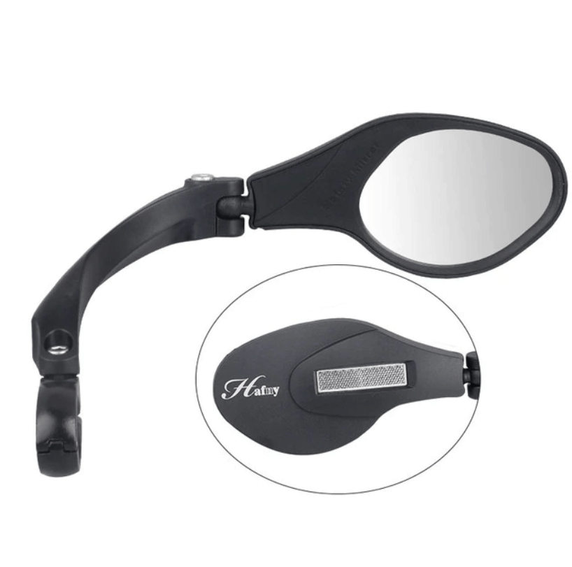Fiets achteruitkijkspiegel met verstelbare hoek en brede reflector voor optimale veiligheid.