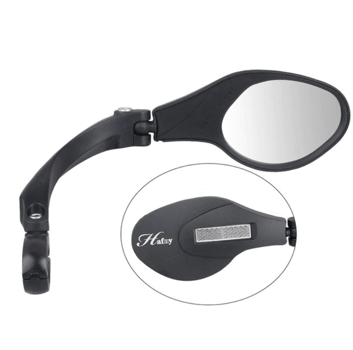 Fiets achteruitkijkspiegel met verstelbare hoek en brede reflector voor optimale veiligheid.