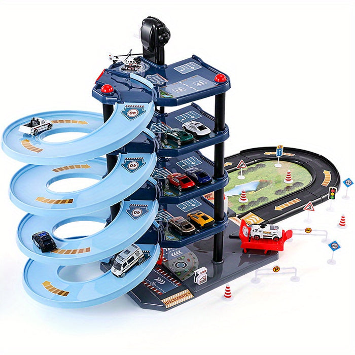 "FirePark Garage Speelset met brandweerwagen, meerdere verdiepingen en accessoires voor kinderplezier en avontuur."