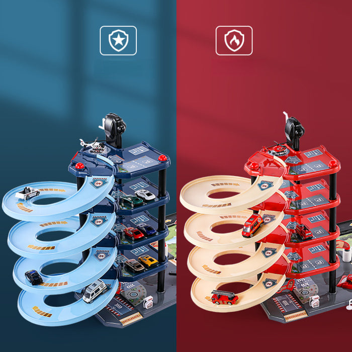 "FirePark Garage Speelset met brandweerwagen, meerdere verdiepingen en accessoires voor kinderplezier en avontuur."