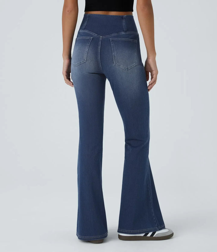 Flared jeans met hoge taille, elastisch, comfortabel en ademend, accentueert het figuur, ideaal voor elke gelegenheid.