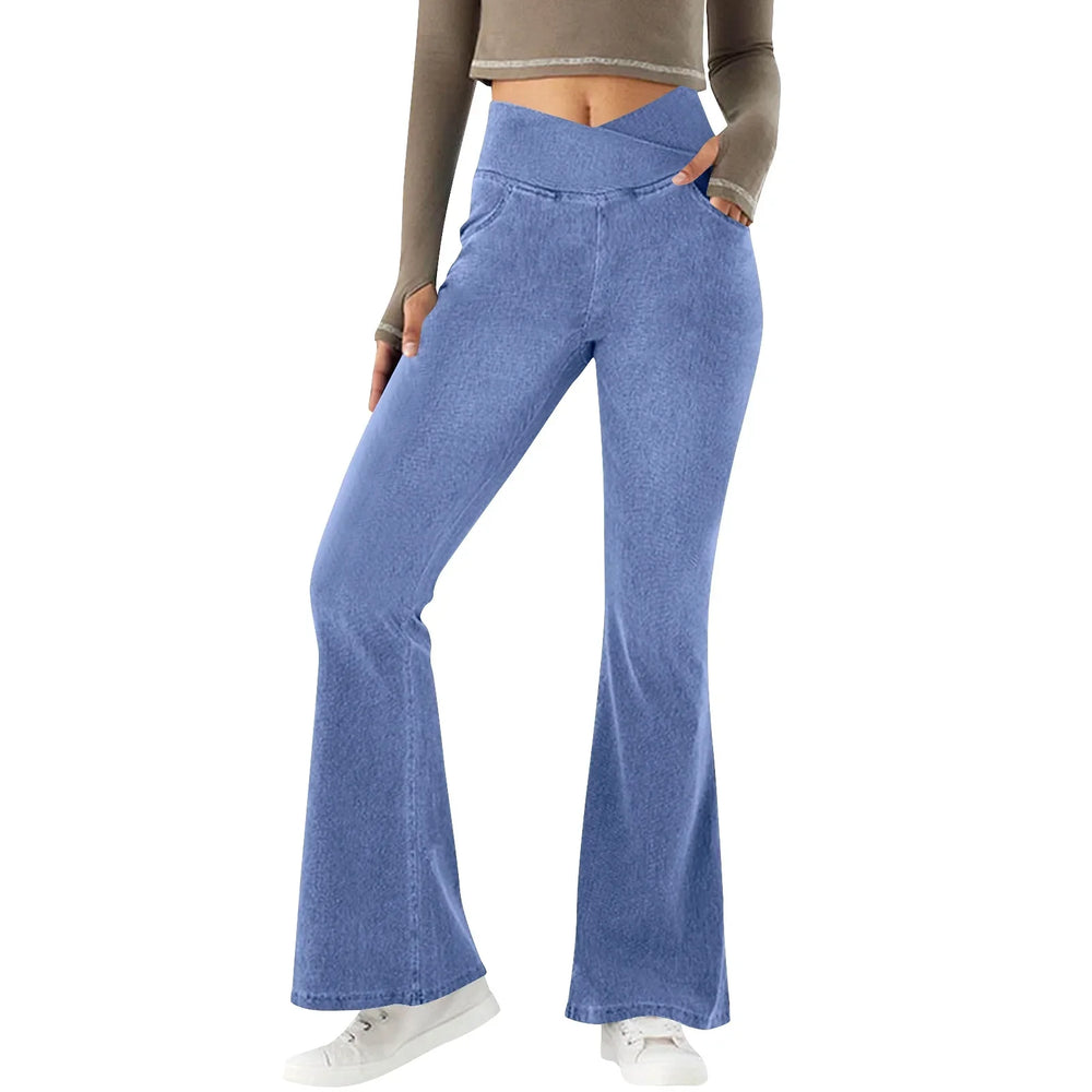 Flared jeans met hoge taille, elastisch, comfortabel en ademend, accentueert het figuur, ideaal voor elke gelegenheid.