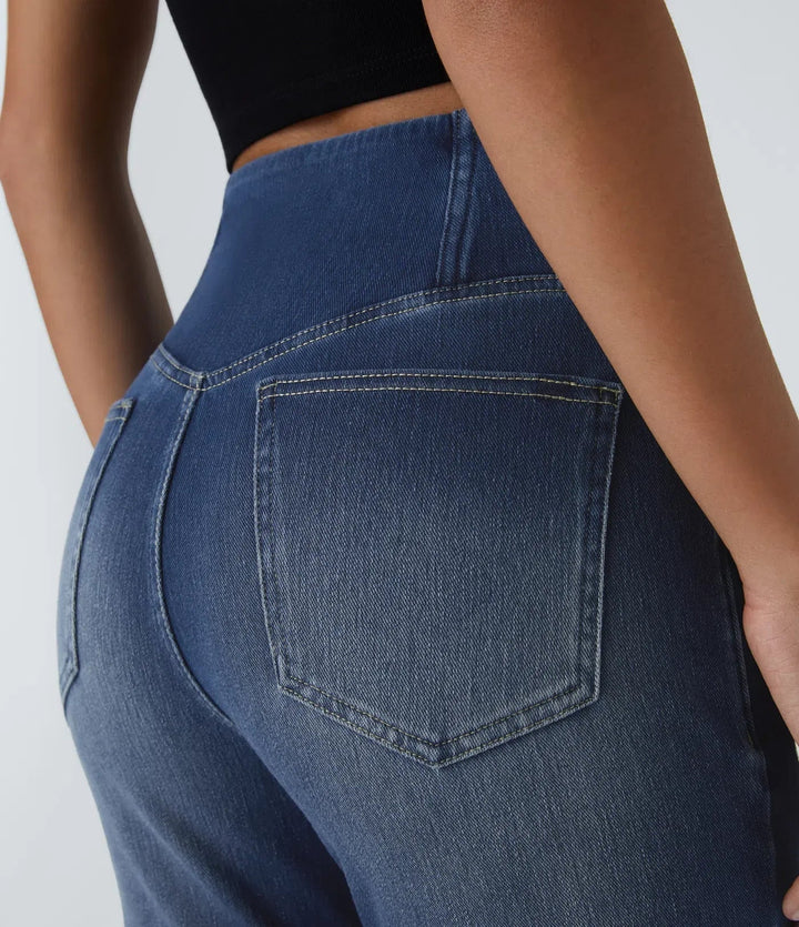 Flared jeans met hoge taille, elastisch, comfortabel en ademend, accentueert het figuur, ideaal voor elke gelegenheid.