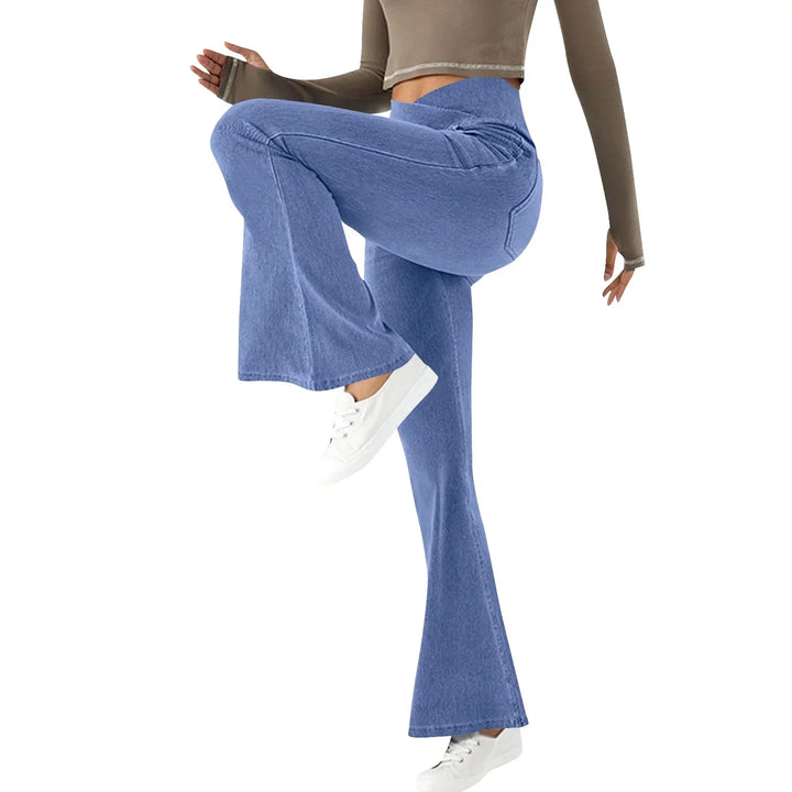 Flared jeans met hoge taille, elastisch, comfortabel en ademend, accentueert het figuur, ideaal voor elke gelegenheid.
