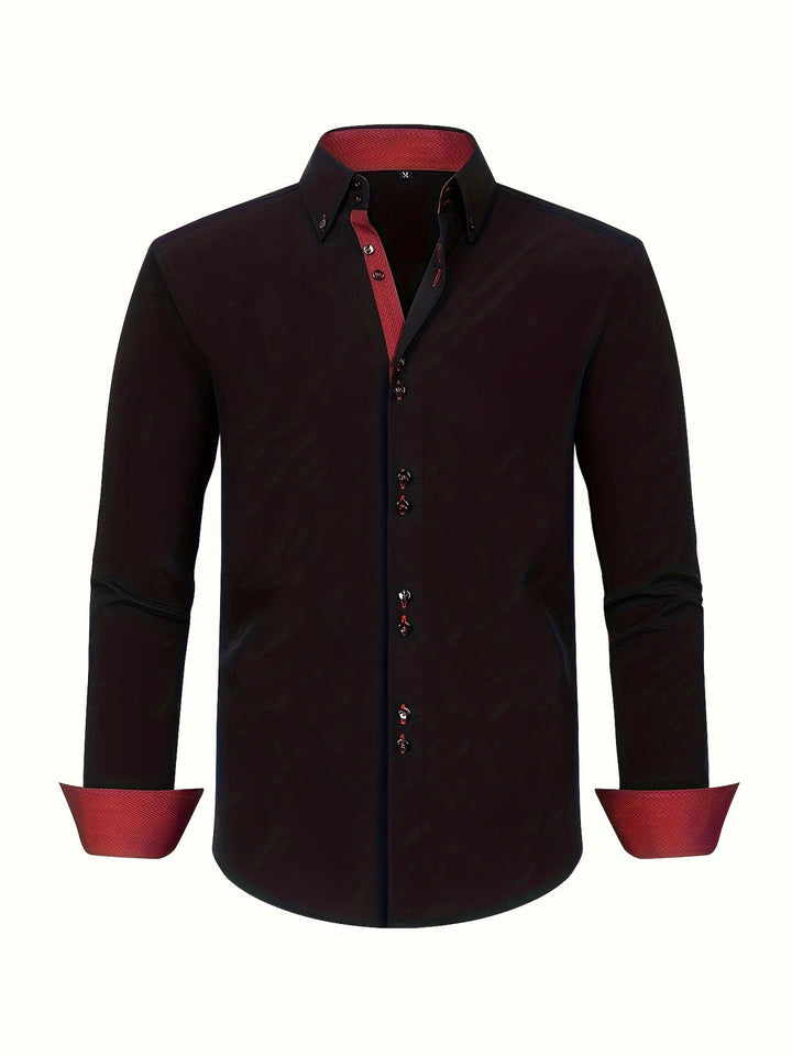 Trendy dubbelrijig heren overhemd met contrast manchetten, perfect voor lente mode en een elegante smart casual stijl.
