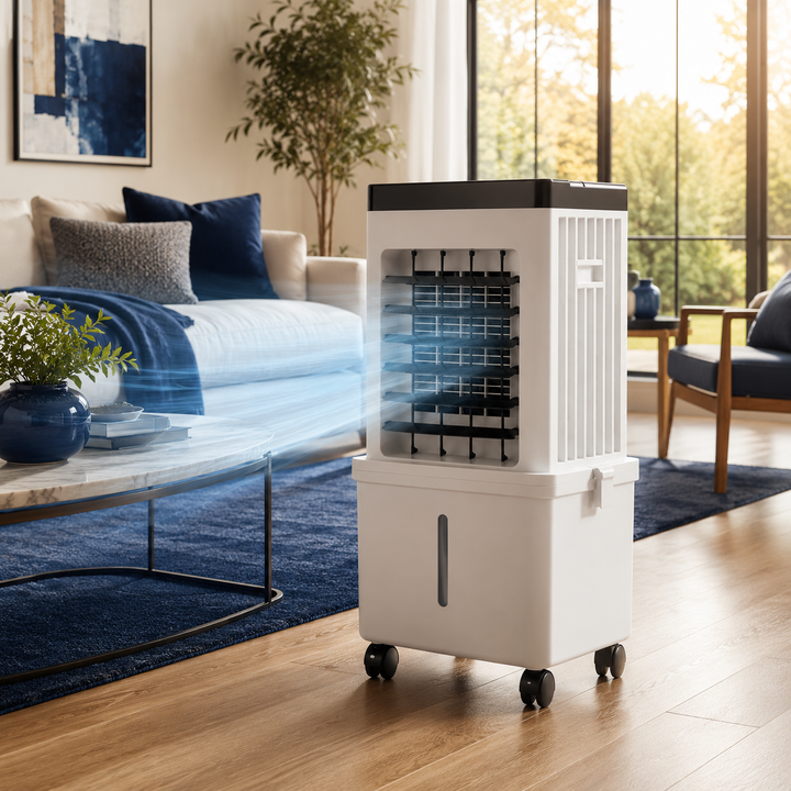 FrostAir 2-in-1 draagbare luchtkoeler met bevochtiger. Ideaal voor mobiele koeling in huis, zomercomfort.