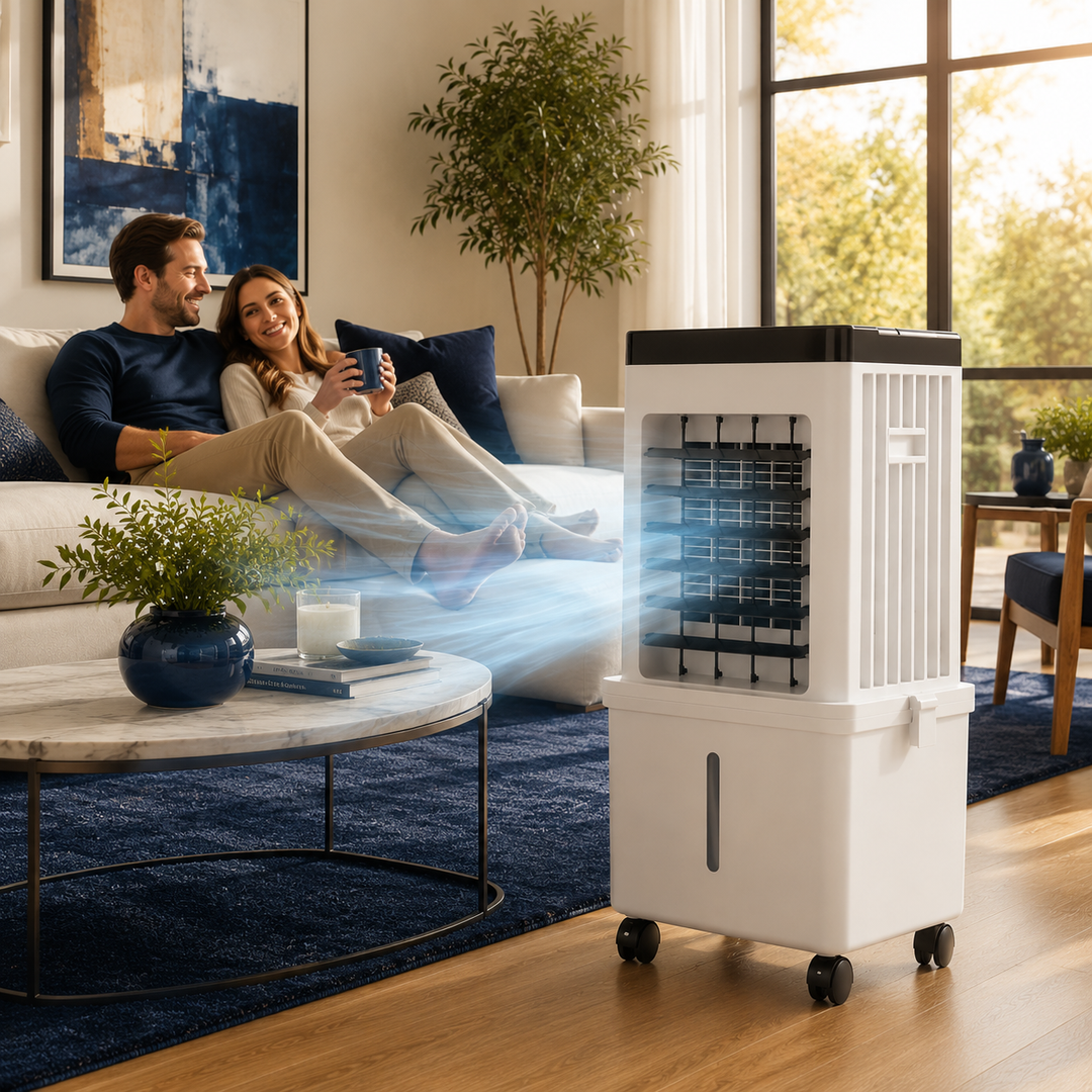 Verplaatsbare FrostAir luchtkoeler/bevochtiger voor slaapkamer, kantoor of woonkamer. Mobiel zomercomfort.