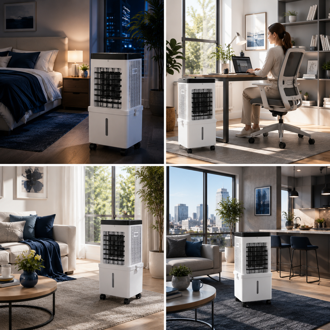 FrostAir draagbare 2-in-1 luchtkoeler met bevochtiger, ventilator en stille koeling voor een gezond binnenklimaat.