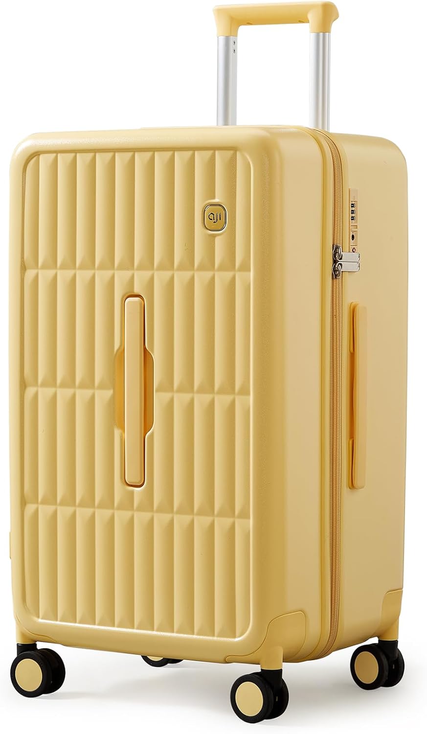 Hardcase gele koffer met geavanceerde spinnerwielen voor maximale bewegingsvrijheid op vliegvelden.