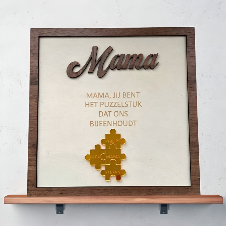 Gepersonaliseerd houten familie puzzelbord met namen. Uniek handgemaakt aandenken voor elke familie.
