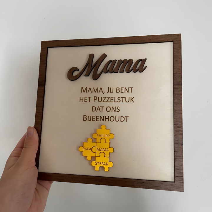 Sfeervol houten puzzelbord, gepersonaliseerd met familieleden. Ideaal interieurstuk of jubileum cadeau.