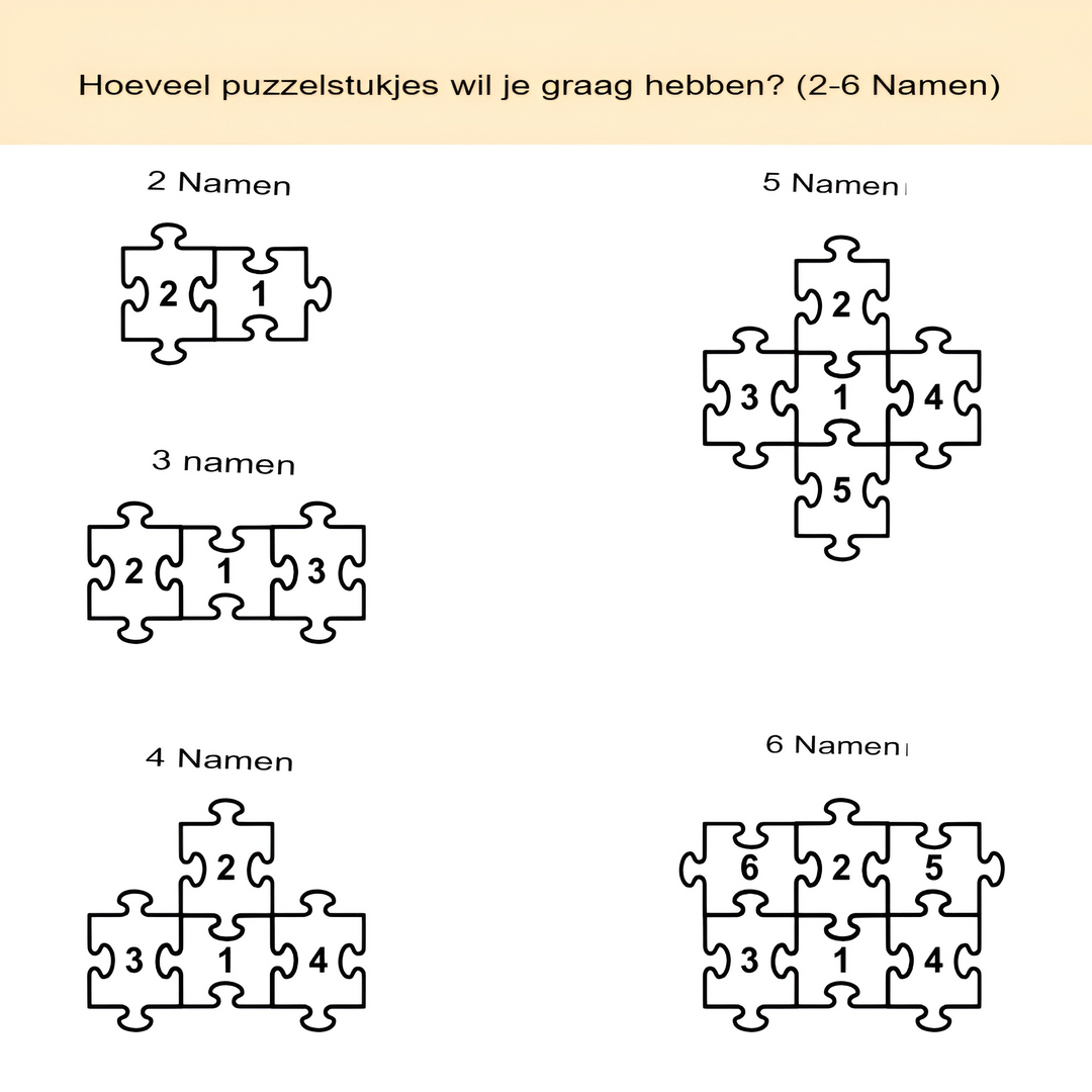Detail van handgemaakt houten familie puzzelbord. Custom design en ingegraveerde namen maken het persoonlijk.