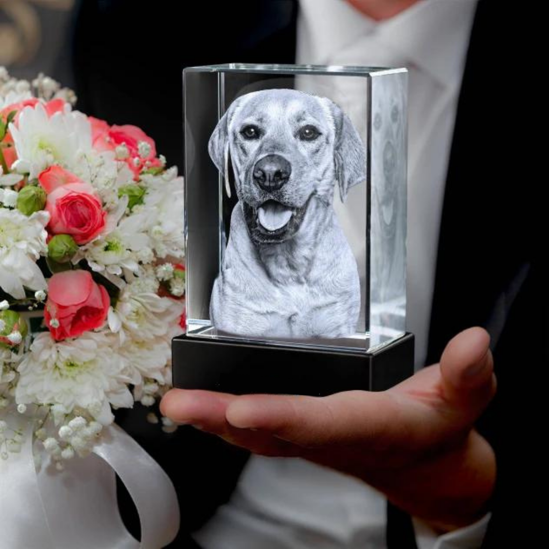 Gepersonaliseerd kristal met 3D foto van dierbare herinnering, perfect als cadeau of decoratie.