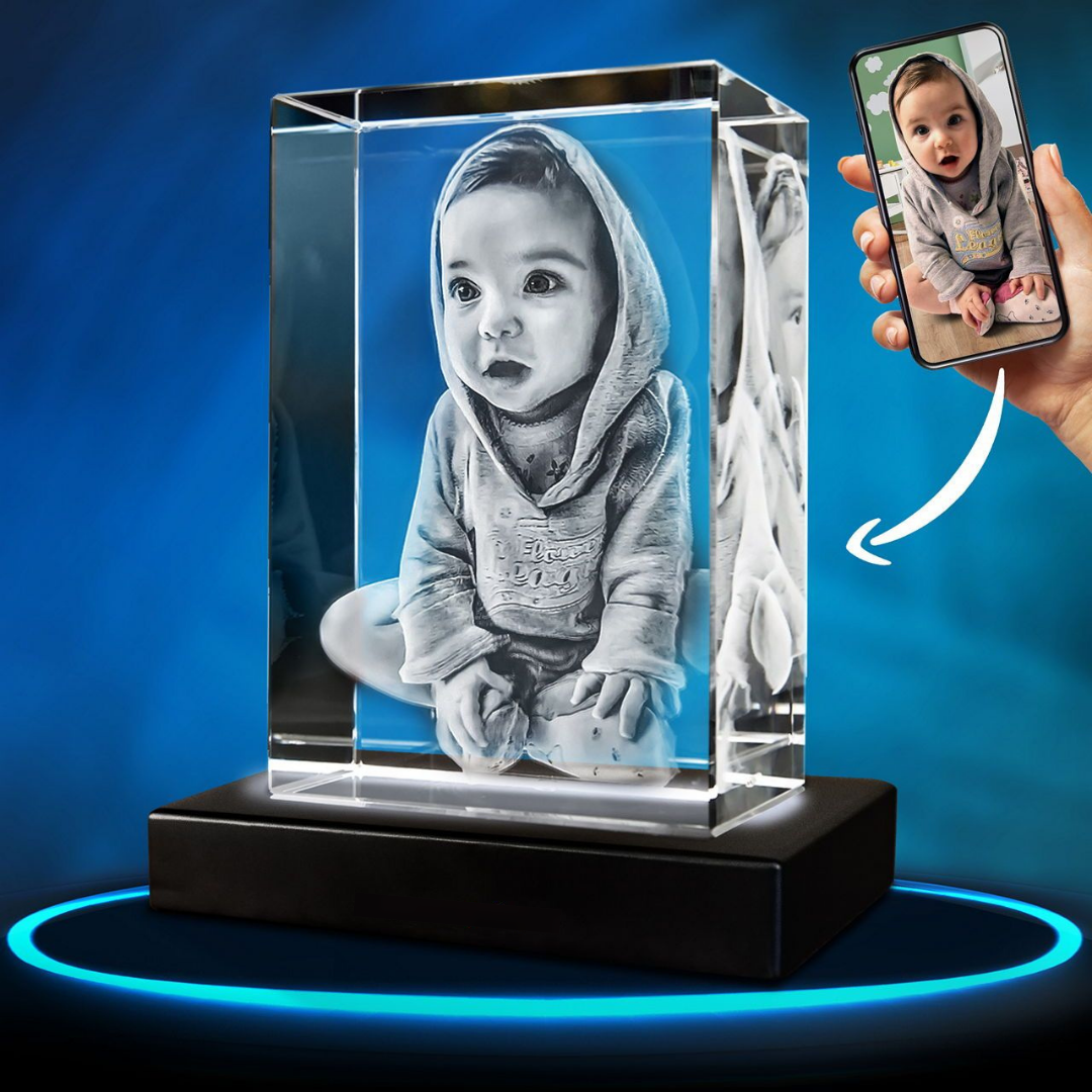 Gedetailleerd fotokristal met lasergegraveerde 3D foto, een blijvend aandenken voor thuis.