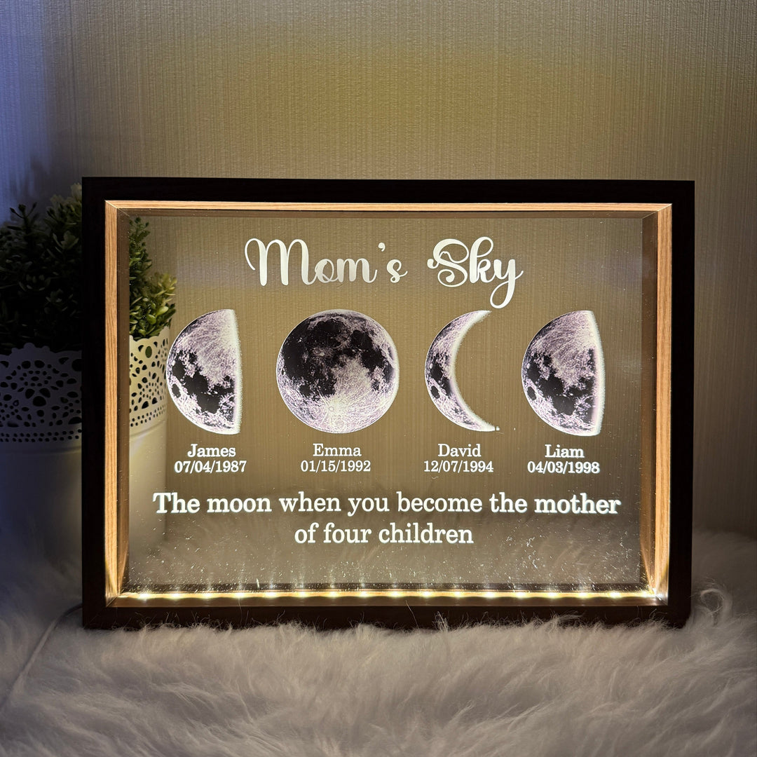 Gepersonaliseerd maanfase kunstwerk, ideaal uniek Moederdag cadeau. Liefdevolle decoratie met speciale herinnering.