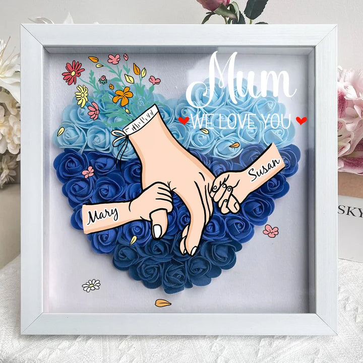 Shadow box bloemenlijstje met namen, gepersonaliseerde boodschap en sfeervolle LED voor Moederdag.