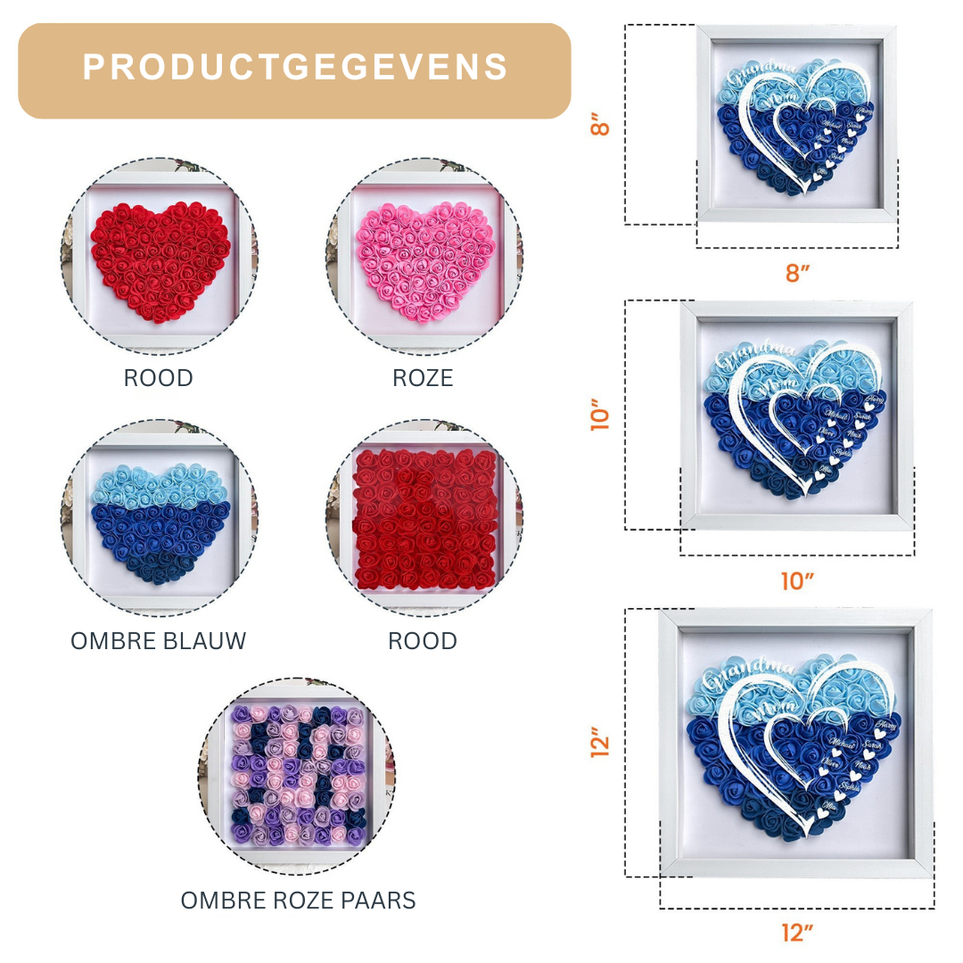 Gepersonaliseerde LED schaduwbox met bloemen, hart of vierkant, sfeervolle decoratie en uniek cadeau.