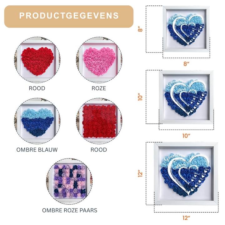 Gepersonaliseerde LED schaduwbox met bloemen, hart of vierkant, sfeervolle decoratie en uniek cadeau.